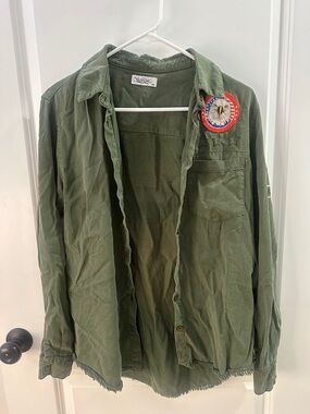 Lauren Moshi Wearable Art Green Military-Style Top with Eagle Patch Size XS EUC